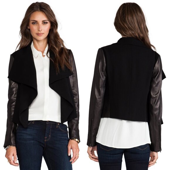 Diane Von Furstenberg Drape Front Leather Sleeves Olympia Moto Jacket - Picture 1 of 8